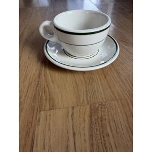 Buffalo Pottery  Flat Cup & Saucer White Green Stripe USA Restaurant Ware